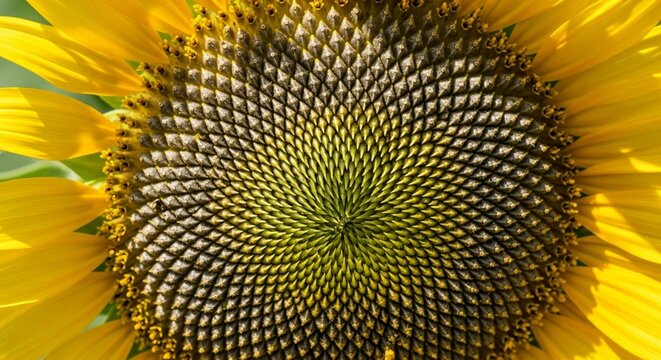 Hyper-detailed Macro Shot of Sunflower Seeds Pattern with Bright Yellow Petals