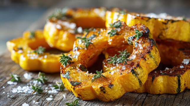 Closeup of roasted delicata squash rings seasoned with herbs and flaky sea salt featuring caramelized edges for healthy seasonal cooking and autumn recipes
