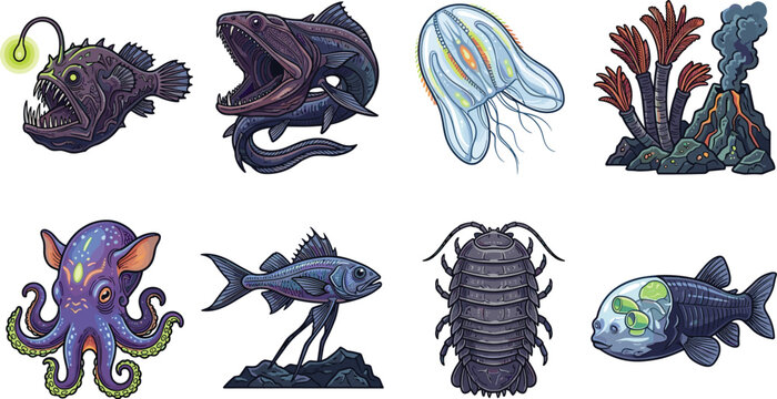 Deep Sea Creatures Vector Set Featuring Anglerfish Viperfish Comb Jelly Hydrothermal Vent and Barreleye Fish