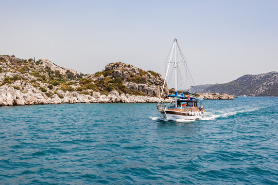 Sailing yacht cruising along Kekova Island on the Mediterranean Sea, Antalya Province, Turkey. Aug 01, 2018