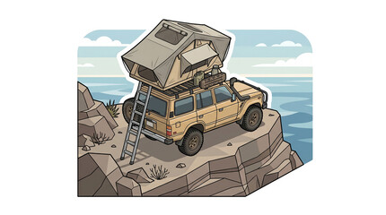 Obraz premium Tan 4x4 overland vehicle with roof tent parked on high rocky cliff over ocean