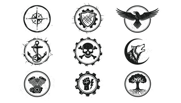 Set of nine vintage monochrome grunge circular emblems featuring a compass, anchor, wolf, tree, and other classic symbols.