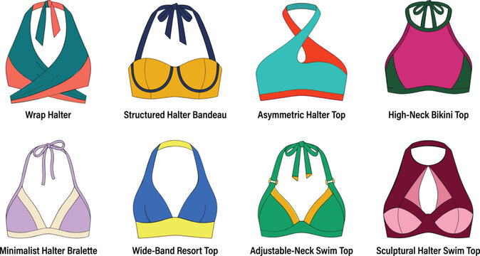 Collection of colorful vector women's halter bikini tops and swimwear fashion flat sketches isolated on white background