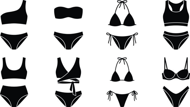 Set of black silhouette women bikini and two piece swimwear flat vector illustration for summer beach fashion