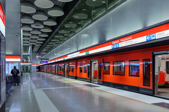 Espoo, Finland &ndash; March 9, 2023. A quiet evening at Tapiola metro station. Finnish metro trains and stations are clean, and outside rush hours, they are quiet and uncrowded. 