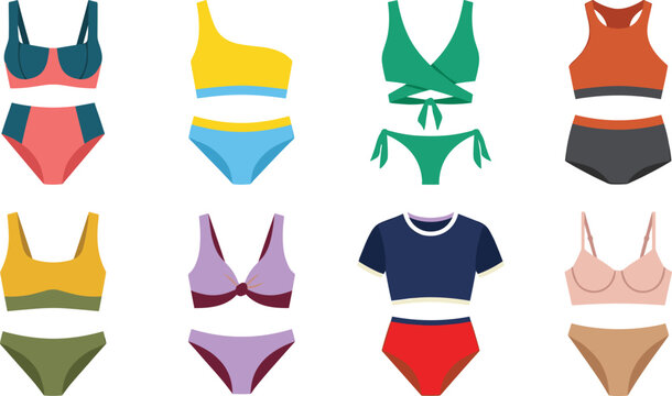Set of colorful women's two-piece swimsuits and bikinis flat vector illustration collection for summer beach holiday fashion