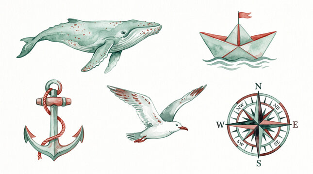 Watercolor nautical set with humpback whale, anchor, seagull, and compass.