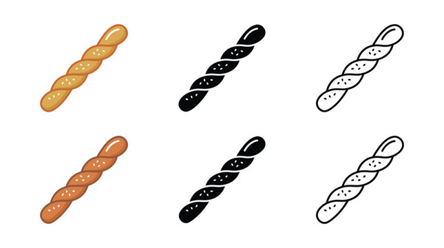 Set of twisted bread stick icons in color solid black and line art styles