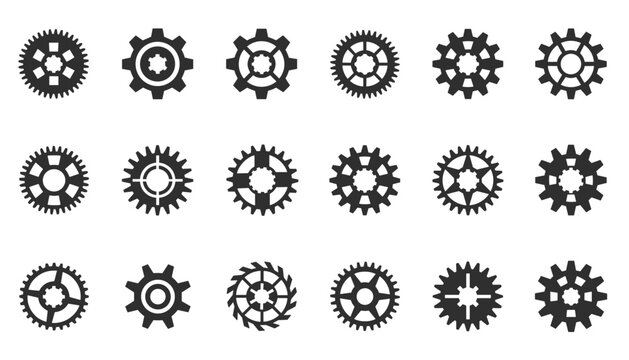 Big set of eighteen black gear wheels and industrial cogwheel icons isolated on a clean white background vector.