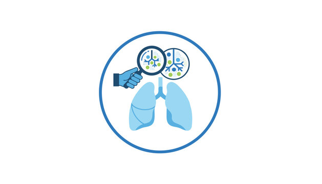 Medical lung diagnostics concept featuring a magnifying glass examining respiratory details within a circular frame.