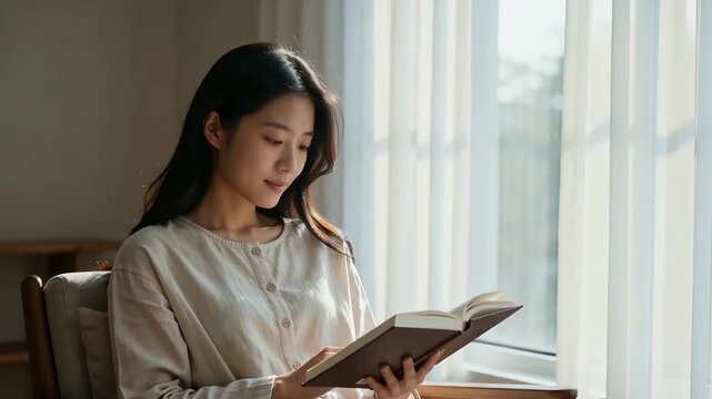 Serene young Asian woman reading a book while sitting in a comfortable chair by a bright window with soft natural sunlight and sheer white curtains.