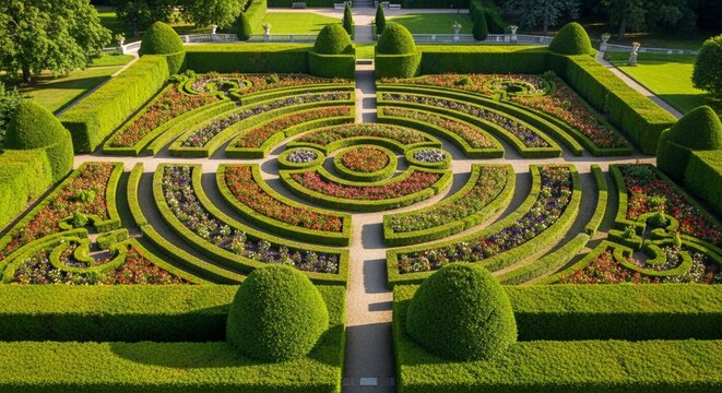 Symmetrical Formal Garden Labyrinth with Colorful Flower Beds and Manicured Green Hedges Top View