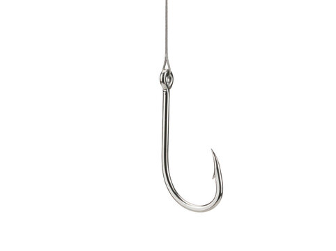 Sharp metal fishing hook on line. Steel fishhook isolated on white background.