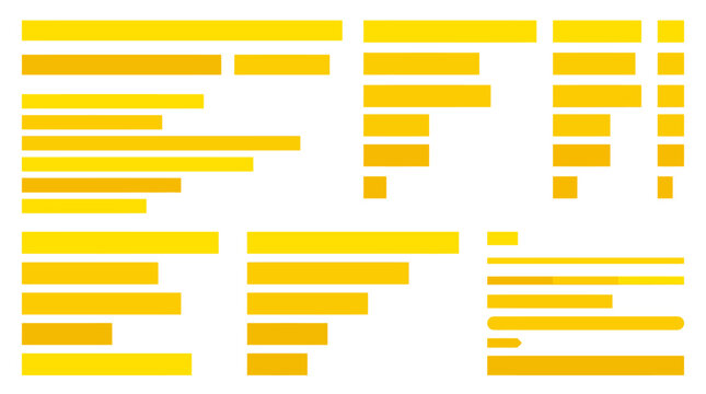Minimalist yellow geometric bars collection for data visualization and UI layout wireframe design elements on white background