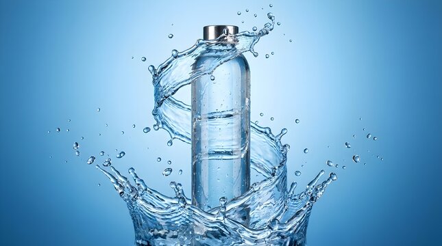 Plastic Water Bottle with Dynamic Water Splash for Product Splash Photography on Blue Background