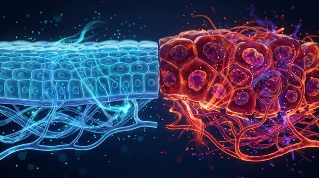 Microscopic view comparing healthy and damaged cellular tissue structure with microscopic comparison cellular biomedical research