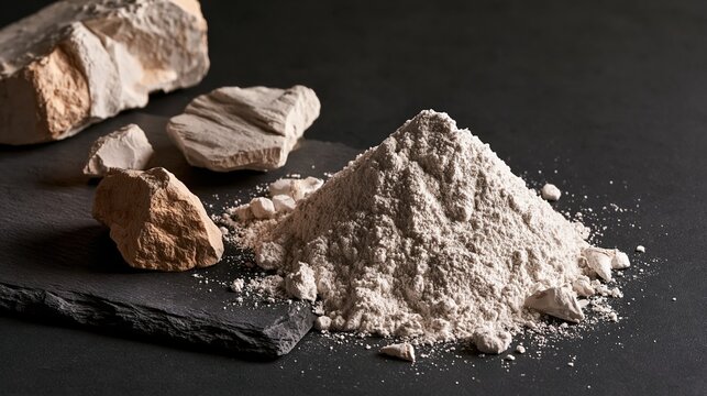 National Diatomaceous Earth Day: banner photograph, diatomaceous earth powder and raw rock fragments arranged on a dark slate surface