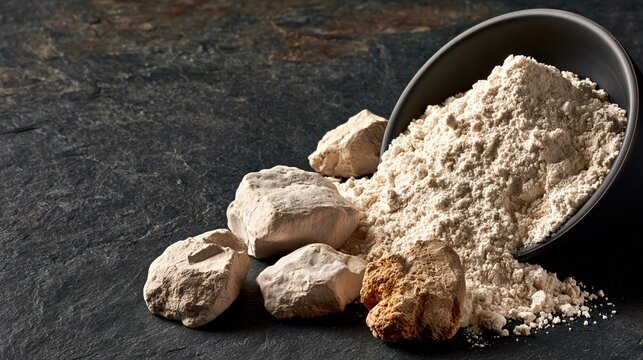 National Diatomaceous Earth Day: banner photograph, diatomaceous earth powder and raw rock fragments arranged on a dark slate surface