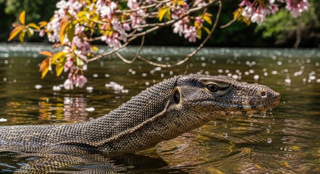 monitor lizard in water with cherry blossom