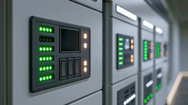 Control panels with illuminated buttons and screens inside an industrial or technological facility.