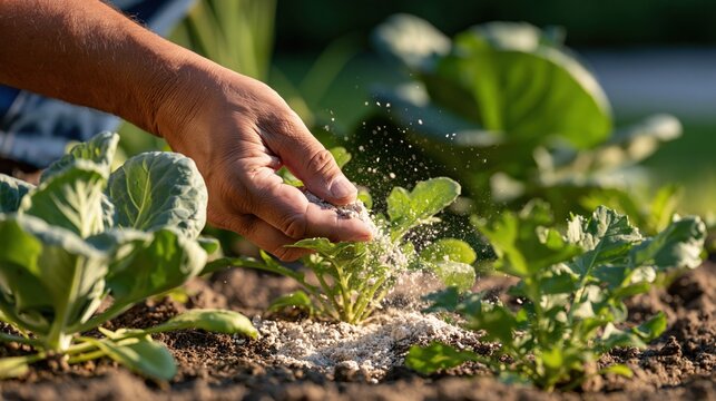National Diatomaceous Earth Day: a gardener's hand sprinkling diatomaceous earth powder around the base of vegetable plants in a garden bed