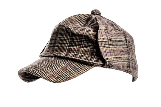 Brown checkered deerstalker hat isolated on transparent background for vintage aesthetic.