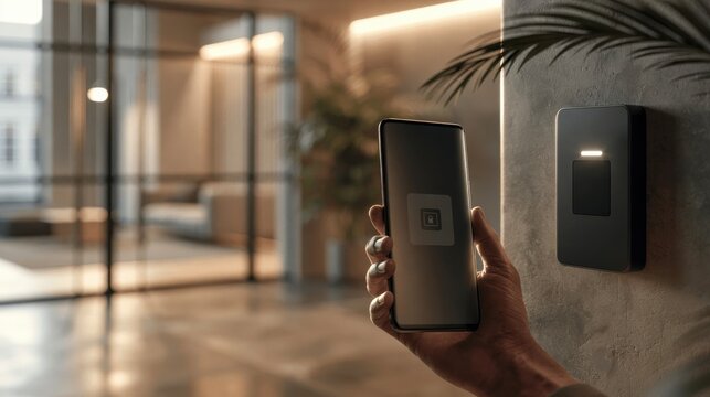 Person unlocking a door using a smartphone with a digital access control system in a modern office setting.