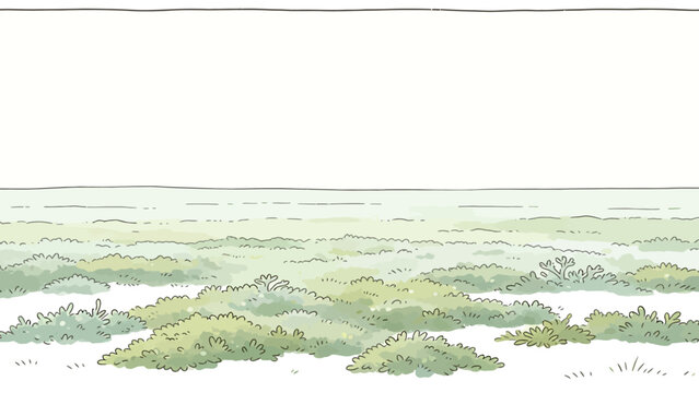 Pastel watercolor landscape of rolling green hills and grassy fields under a minimalist white sky