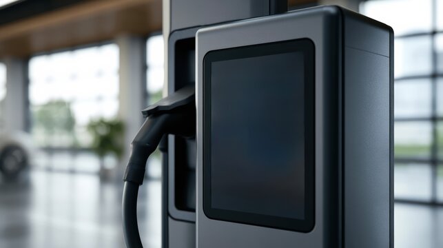 Close-up of an electric vehicle charging station with a digital screen and charging plug in a modern indoor setting.