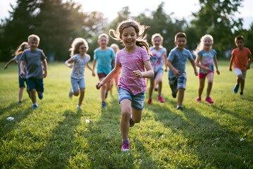 Fototapeta premium group of children playing tag across a wide green park lawn, energetic movement, happy smiles, healthy outdoor activity, sunshine, carefree childhood adventure