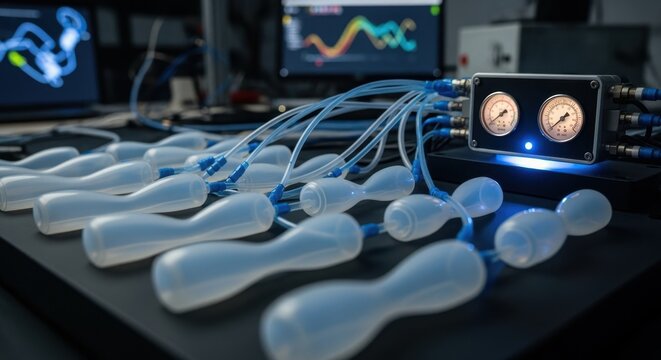 Array of modular soft actuators connected to a central pneumatic controller visualizing synchronized cyclic movements in experimental robotics.