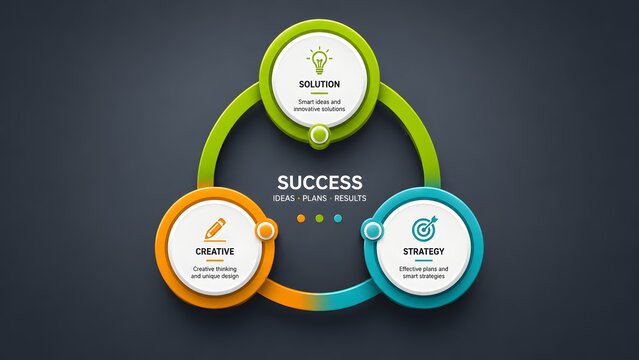 Circular business infographic layout with solution creative strategy icons representing corporate success process and workflow diagram