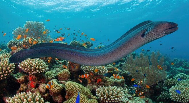 moray eel swimming over coral reef