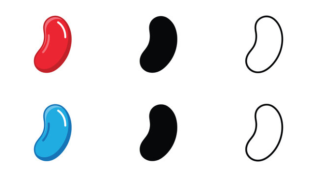 Set of colorful jelly bean candy icons in flat colored silhouette and outline style