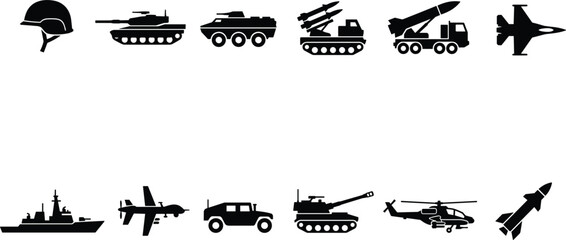 Military vehicles and army weapon silhouettes set including tank jet missile launcher helicopter submarine icons graphic vector collection © MstHusna
