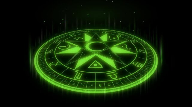 Magic Circle Summoning Ritual Green Octagram With Zodiac Symbols Lighting In Sequence And All Seeing Eye Igniting on Black Background 4K Luma Key Overlay for Compositing