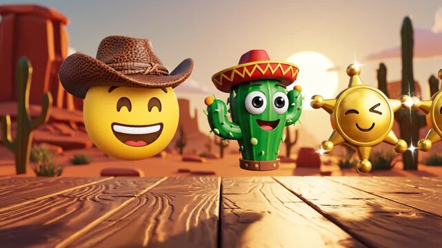 Desert western adventure with emoji characters and cactus