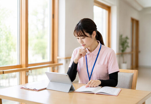 介護施設でタブレットを使って学習する女性介護士
