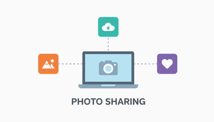 Fototapeta premium Digital photo sharing conceptual banner showing open laptop connected to cloud storage photo and love heart icons.