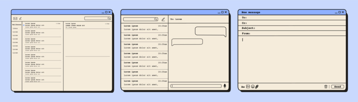 Retro 90s computer email interface with inbox, chat, message windows. Vintage digital communication, old PC software, and nostalgic technology design. Flat vector illustration isolated on background.