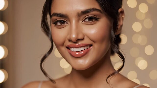 A joyful young woman with radiant skin and glossy lips smiles warmly while posing near glowing light bulbs that create a soft bokeh effect during her professional beauty session in a luxury room