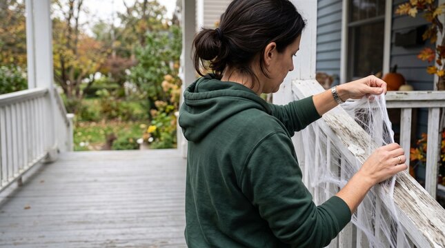 Woman's hands stretching artificial spider web decoration across a porch railing, face turned away. Halloween decor photo for party supply brands and home decoration marketing.