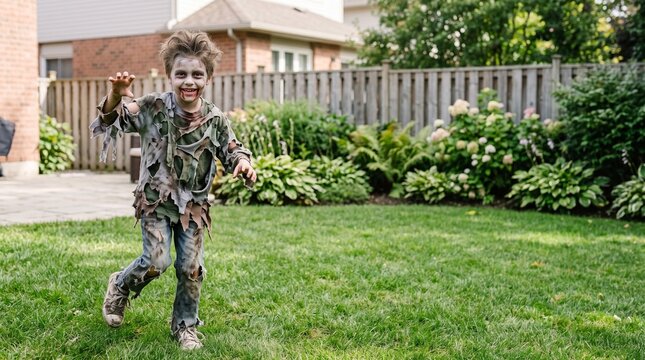 Young boy wearing a zombie costume with torn fabric and pale makeup, standing in a bright suburban backyard. Halloween costume photo for children's costume brands and party marketing.