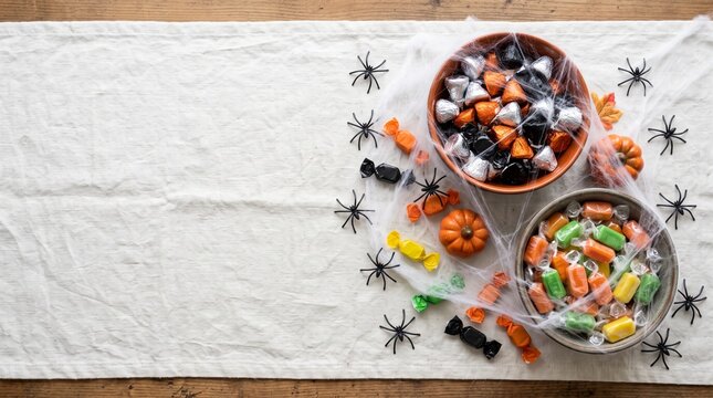 Halloween candy table decorated with artificial spider web draped over bowls of wrapped candy and plastic spiders. Party supply photo for candy brands and Halloween retail marketing.