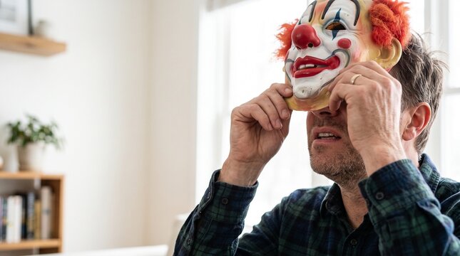 Man's hands lifting a clown mask over his face mid-motion in a bright indoor setting. Halloween costume photo for party supply brands and mask manufacturer marketing.