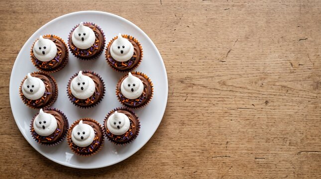 Halloween cupcakes topped with ghost-shaped meringue frosting arranged on a white plate. Themed bakery product photo for dessert brands and Halloween seasonal marketing.
