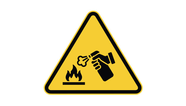 Yellow triangular warning sign indicating danger of fire and flammable spray, isolated on a white background.