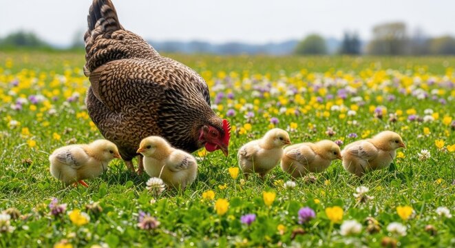mother hen and chicks in flower field