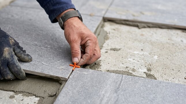 Close-up of a worker's hands aligning ceramic floor tiles using a spacer tool with precise placement. Tile installation photo for flooring companies and building material marketing.