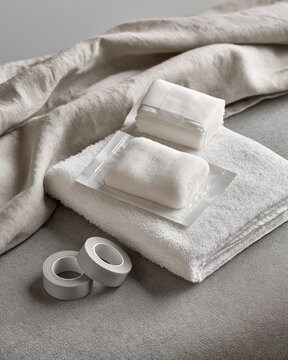 Sealed Gauze, Medical Tape, and Clean Towel in Home Care Setting